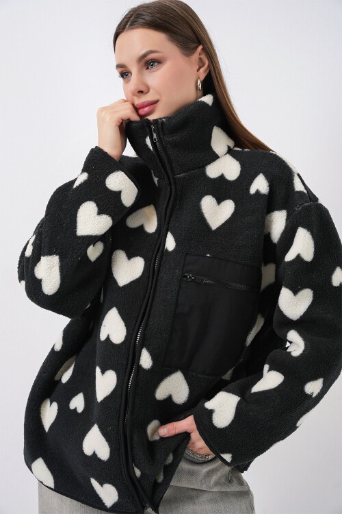 55446 Fermuarlı Oversize Peluş Ceket Mont - K. Siyah