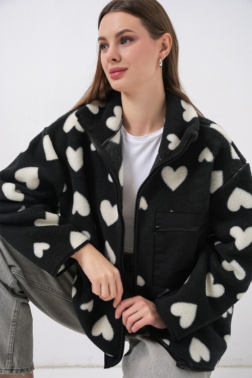 55446 Fermuarlı Oversize Peluş Ceket Mont - K. Siyah