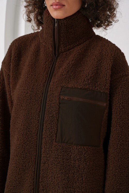 55446 Fermuarlı Oversize Peluş Ceket Mont - Kahverengi