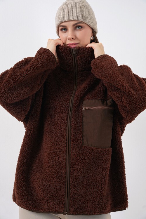 55446 Fermuarlı Oversize Peluş Ceket Mont - Kahverengi