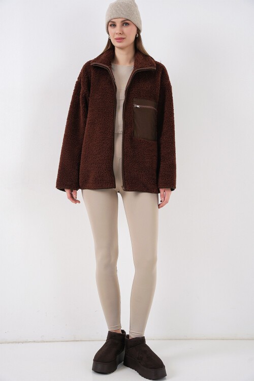 55446 Fermuarlı Oversize Peluş Ceket Mont - Kahverengi