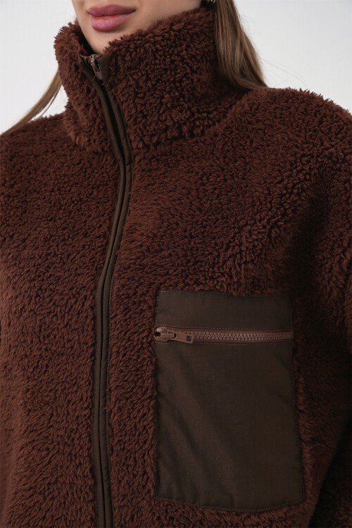 55446 Fermuarlı Oversize Peluş Ceket Mont - Kahverengi