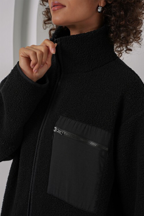 55446 Fermuarlı Oversize Peluş Ceket Mont - Siyah