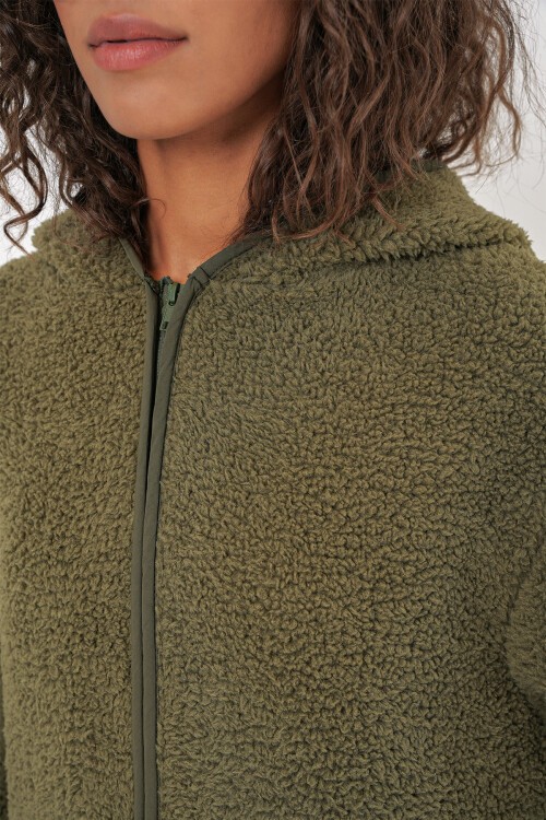 55456 Kadın Kapüşonlu Oversize Peluş Ceket - Haki