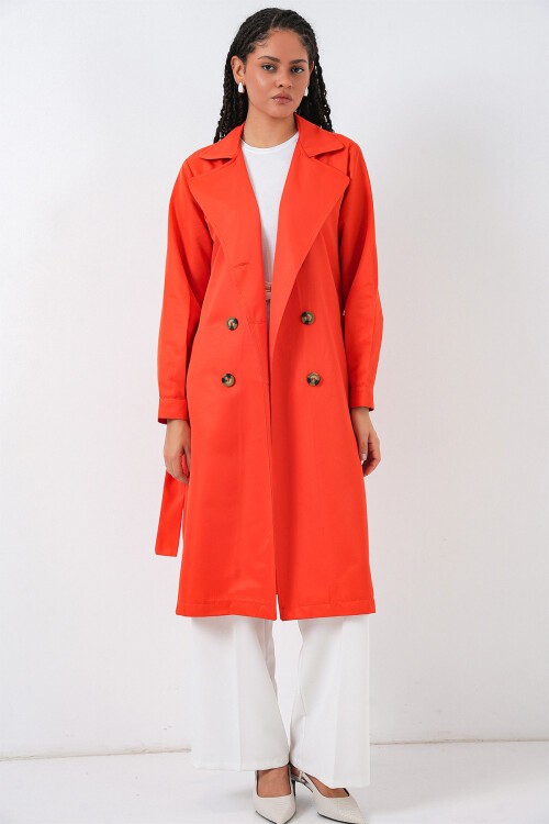 5853 Kruvaze Yaka Trençkot - Turuncu