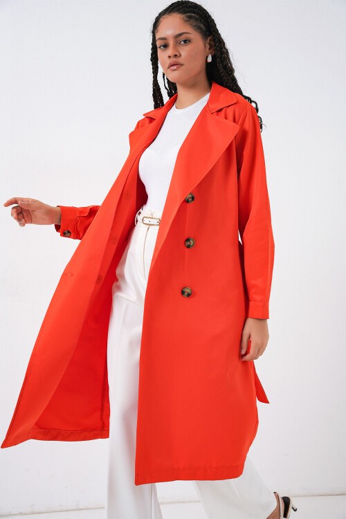 5853 Kruvaze Yaka Trençkot - Turuncu