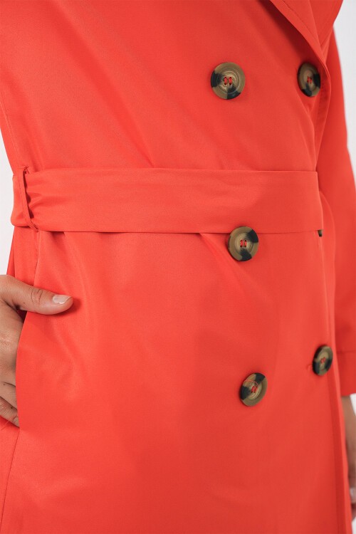 5853 Kruvaze Yaka Trençkot - Turuncu