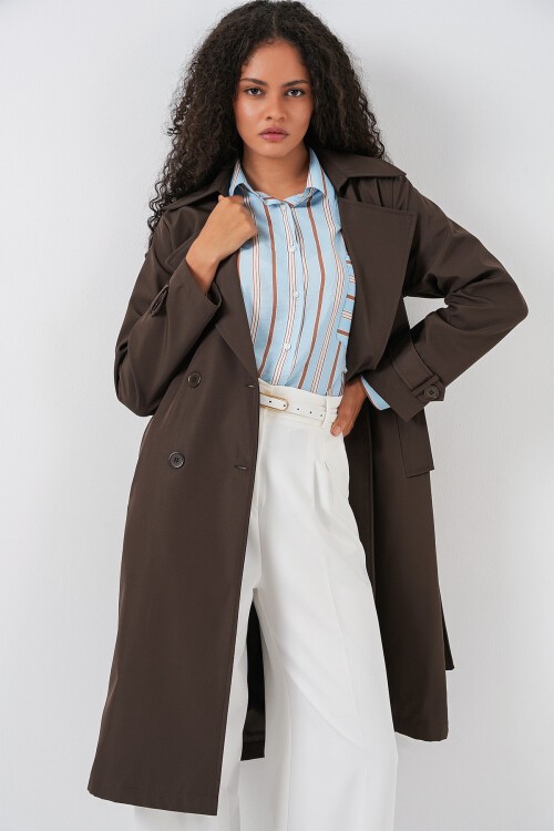 5918 Kruvaze Yaka Trençkot - C. Kahverengi