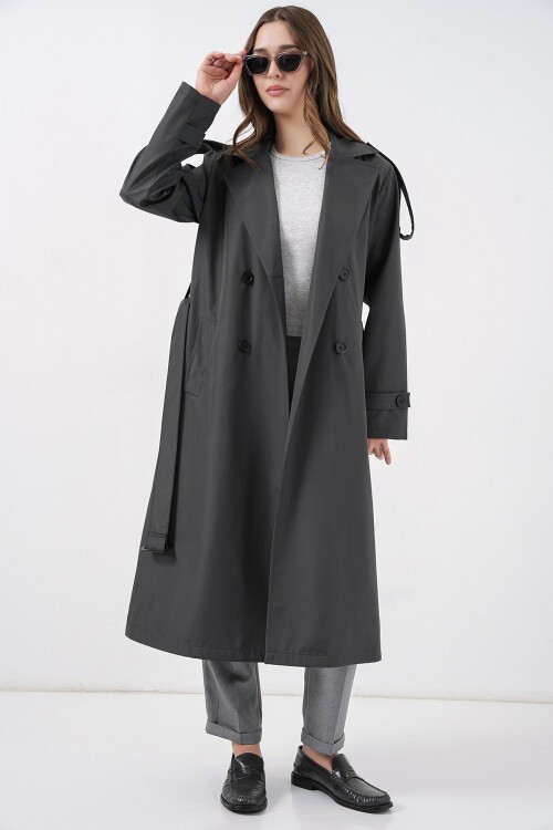 5941 Kruvaze Yaka Uzun Trençkot - Antrasit
