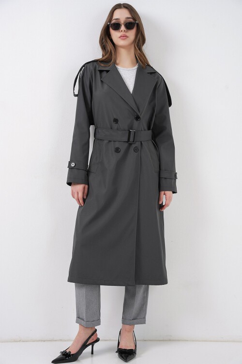 5941 Kruvaze Yaka Uzun Trençkot - Antrasit