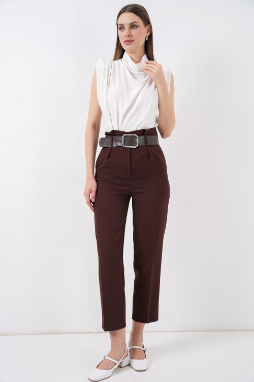 6556 Kemerli Kumaş Pantolon - Kahverengi
