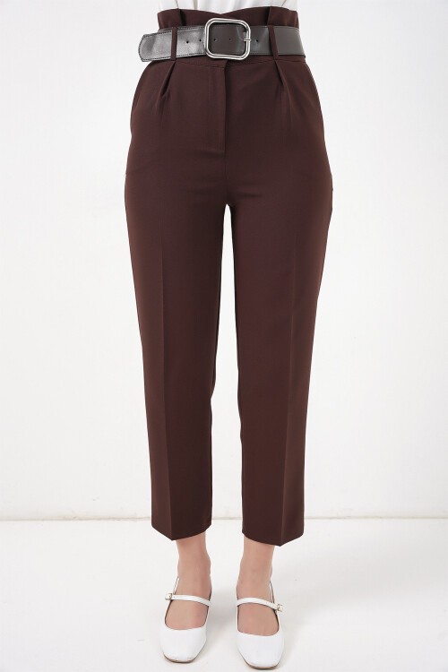 6556 Kemerli Kumaş Pantolon - Kahverengi