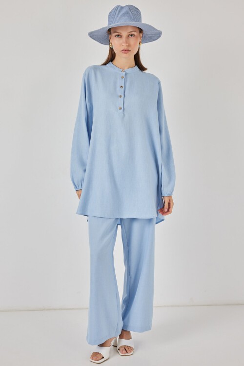 6678 Keten Tunik Pantolon İkili Takım - Mavi