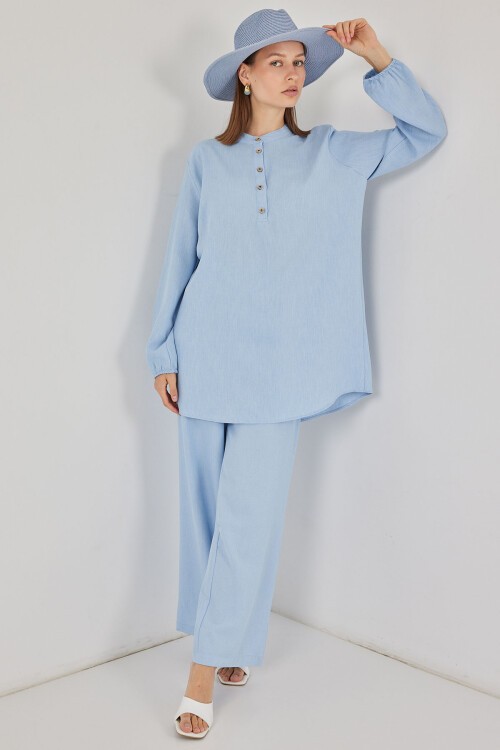 6678 Keten Tunik Pantolon İkili Takım - Mavi