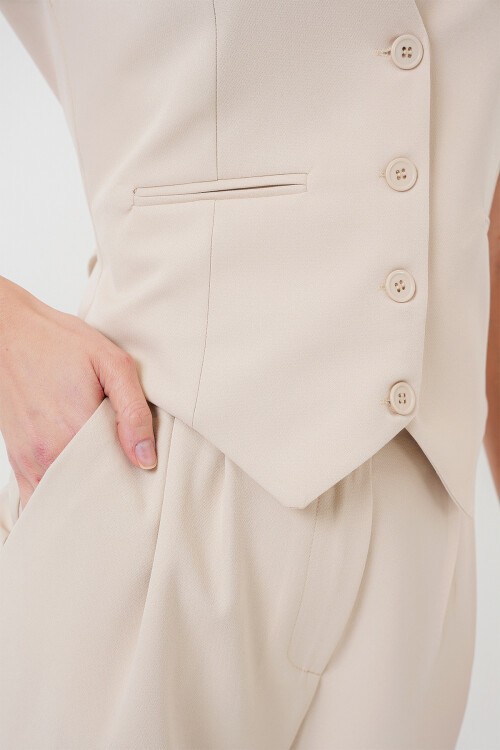 6709 Kadın Yelek Pantolon İkili Takım - Krem