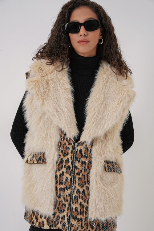 6806 Suni Kürk Yelek - Krem