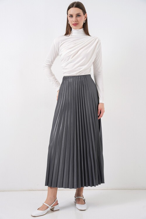 8009 Deri Görünümlü Piliseli Etek - Gri