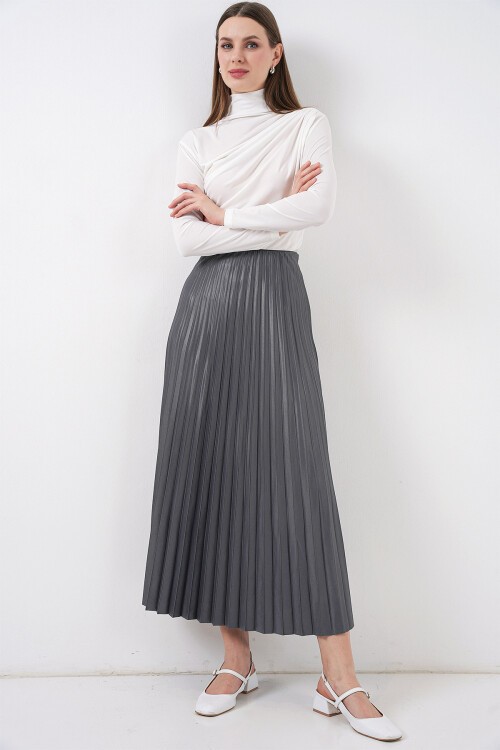 8009 Deri Görünümlü Piliseli Etek - Gri