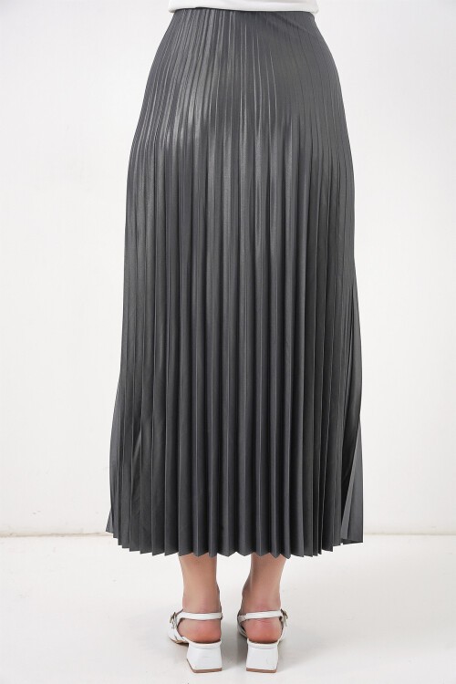 8009 Deri Görünümlü Piliseli Etek - Gri