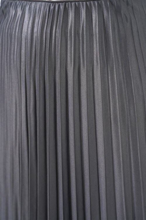 8009 Deri Görünümlü Piliseli Etek - Gri