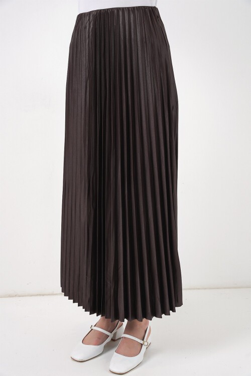 8009 Deri Görünümlü Piliseli Etek - Kahverengi