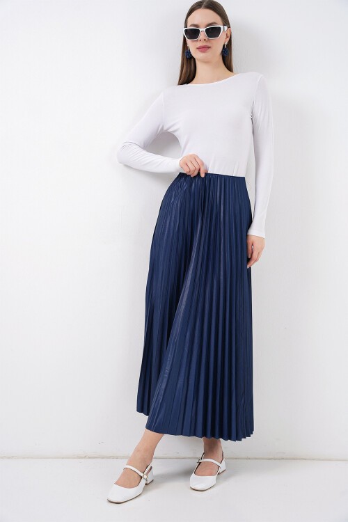 8009 Deri Görünümlü Piliseli Etek - Lacivert