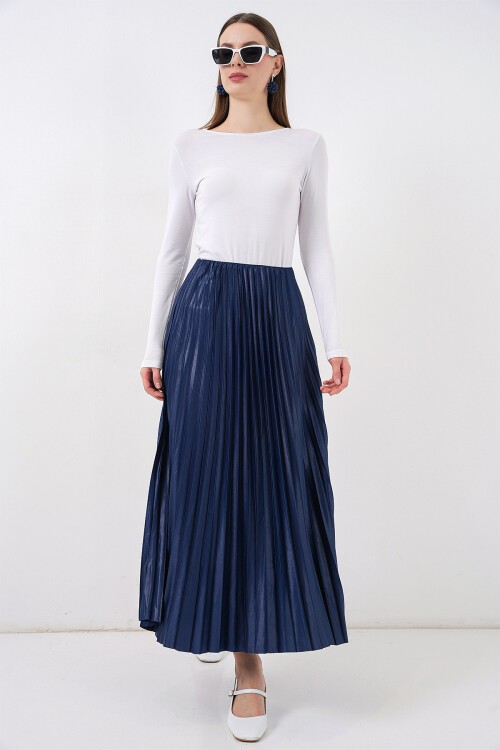 8009 Deri Görünümlü Piliseli Etek - Lacivert