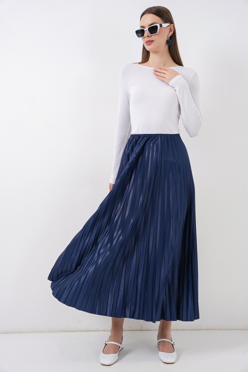 8009 Deri Görünümlü Piliseli Etek - Lacivert