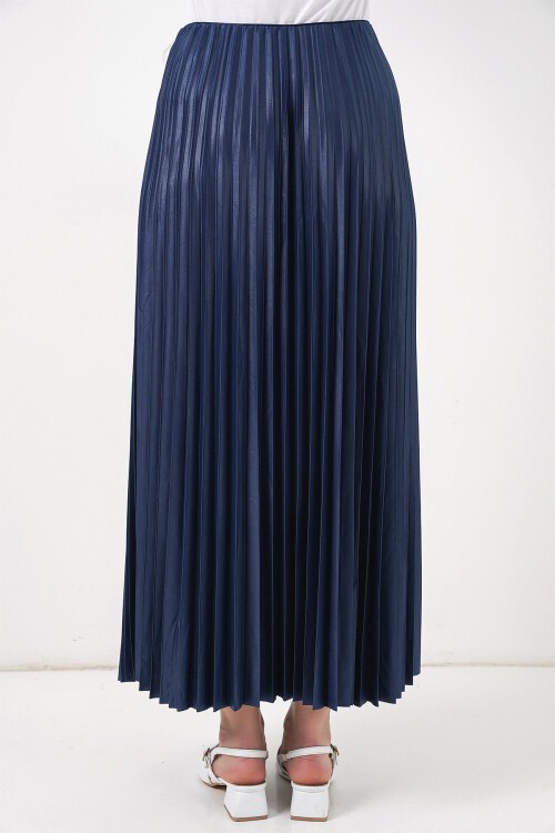 8009 Deri Görünümlü Piliseli Etek - Lacivert