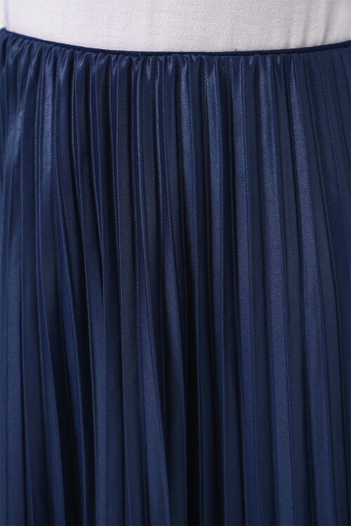 8009 Deri Görünümlü Piliseli Etek - Lacivert