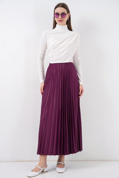 8009 Deri Görünümlü Piliseli Etek - Mor