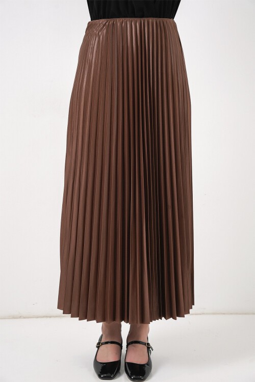 8009 Deri Görünümlü Piliseli Etek - Taba