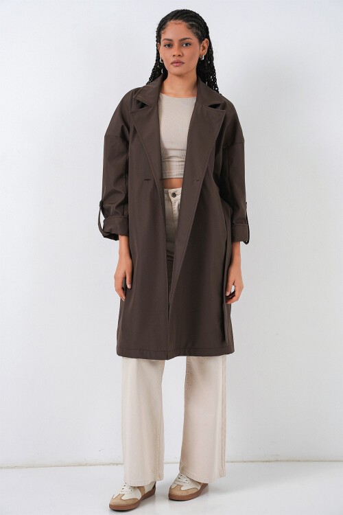 9104 Kruvaze Yaka Astarlı Trençkot - A.Kahve
