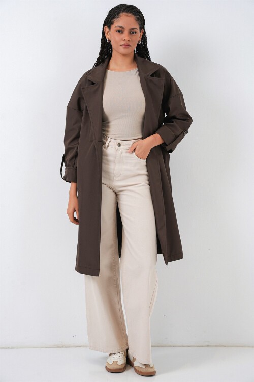 9104 Kruvaze Yaka Astarlı Trençkot - A.Kahve