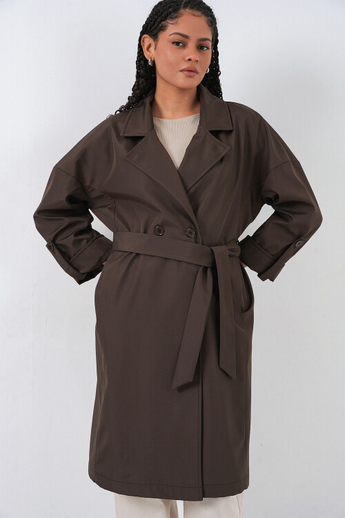 9104 Kruvaze Yaka Astarlı Trençkot - A.Kahve