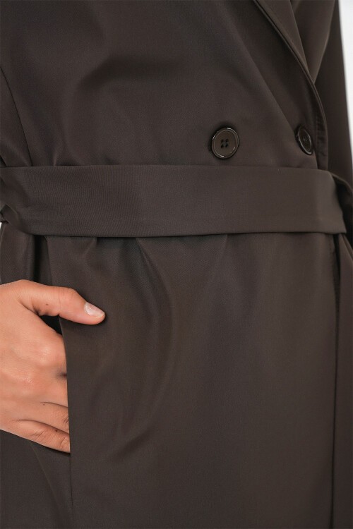 9104 Kruvaze Yaka Astarlı Trençkot - A.Kahve