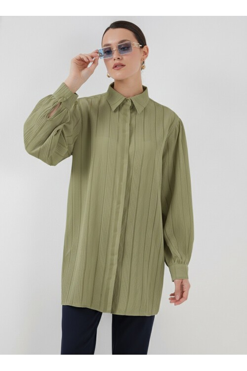 Çizgili Uzun Gömlek Tunik 5947 - Çağla
