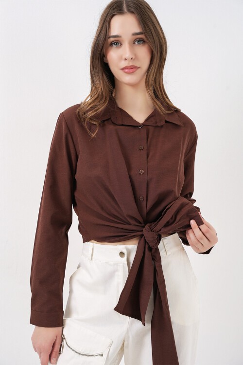 Kadın Bağlamalı Uzun Kol Gömlek 20325 - Kahverengi
