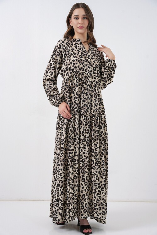 Kadın Bej Siyah Viskon Tesettür Elbise 2423