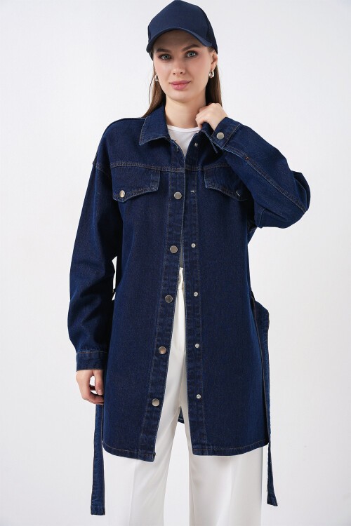 Kadın Boydan Düğmeli Kuşalı Kot Ceket 0740 - Lacivert
