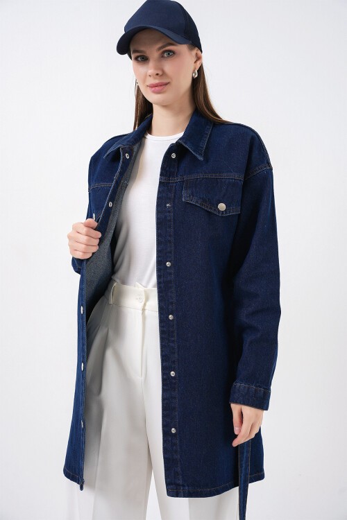 Kadın Boydan Düğmeli Kuşalı Kot Ceket 0740 - Lacivert
