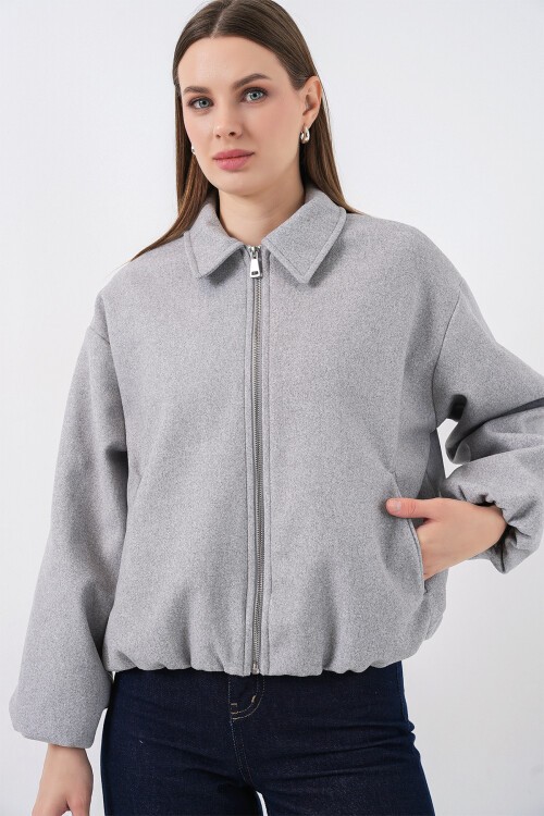 Kadın Büzgülü Oversize Kaşe Ceket 0728 - A.Gri