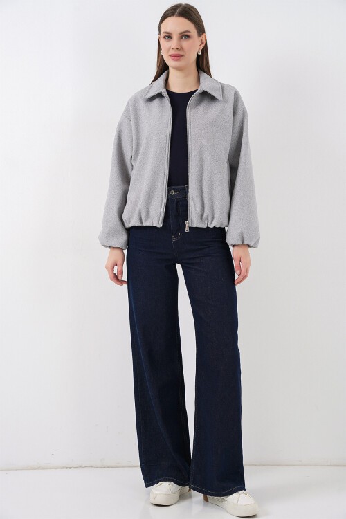 Kadın Büzgülü Oversize Kaşe Ceket 0728 - A.Gri