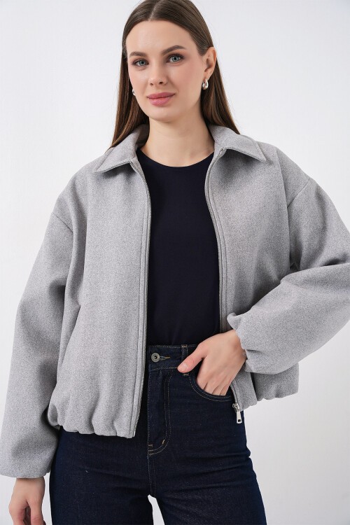 Kadın Büzgülü Oversize Kaşe Ceket 0728 - A.Gri