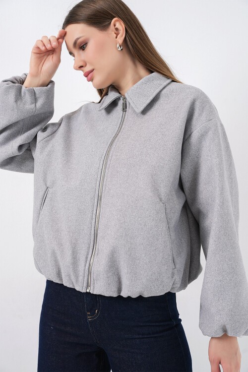 Kadın Büzgülü Oversize Kaşe Ceket 0728 - A.Gri