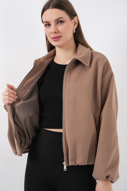 Kadın Büzgülü Oversize Kaşe Ceket 0728 - Bisküvi