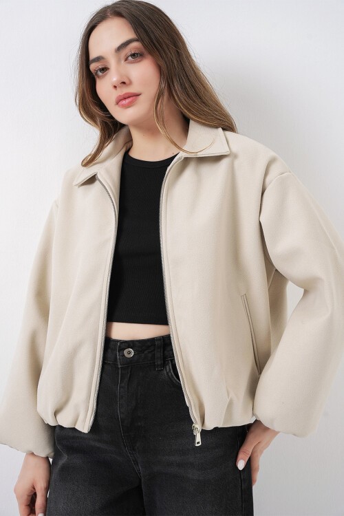 Kadın Büzgülü Oversize Kaşe Ceket 0728 - Ekru