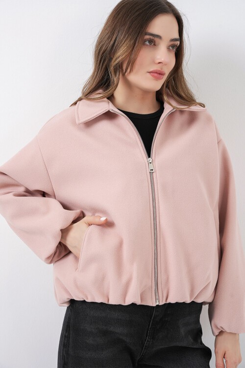 Kadın Büzgülü Oversize Kaşe Ceket 0728 - Pudra