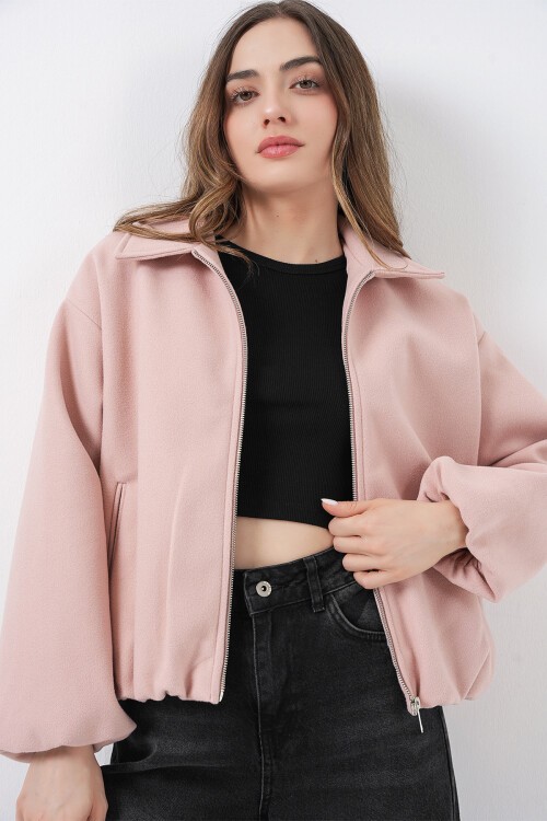 Kadın Büzgülü Oversize Kaşe Ceket 0728 - Pudra