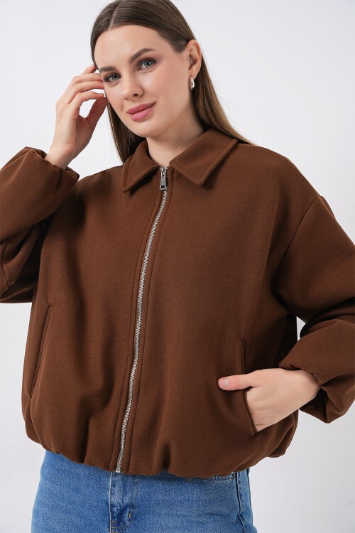 Kadın Büzgülü Oversize Kaşe Ceket 0728 - Sütlü Kahve